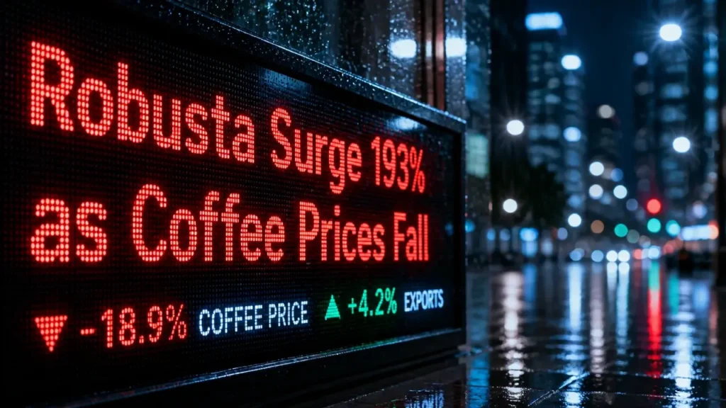 Digital ticker on rainy night shows robusta export surge of 193% and falling coffee prices, capturing tense market mood for Brazil coffee exports May 2026.