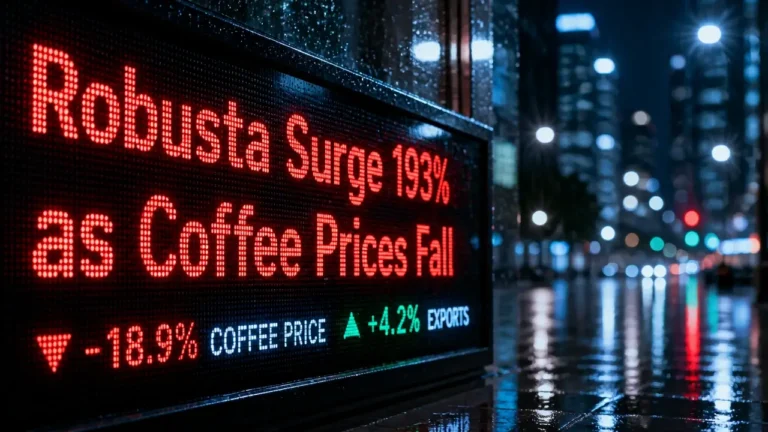 Digital ticker on rainy night shows robusta export surge of 193% and falling coffee prices, capturing tense market mood for Brazil coffee exports May 2026.