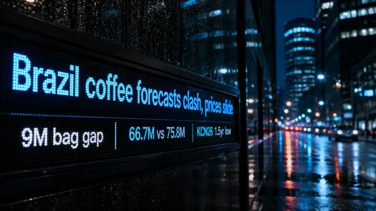 Glowing LED ticker panel showing headline about Brazil coffee forecast clash and sliding prices against a blurred city night backdrop