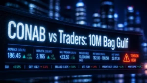LED ticker showing CONAB vs Traders 10M Bag Gulf over blurred city night lights, illustrating Brazil coffee crop forecast split