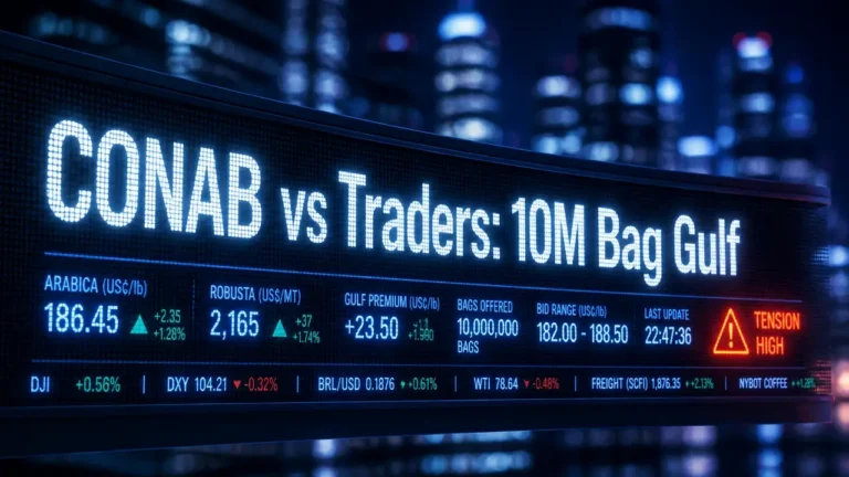 LED ticker showing CONAB vs Traders 10M Bag Gulf over blurred city night lights, illustrating Brazil coffee crop forecast split
