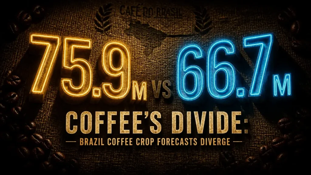 Glowing 3D typography of coffee crop forecasts 75.9 million and 66.7 million bags on dark textured surface, dramatic lighting.