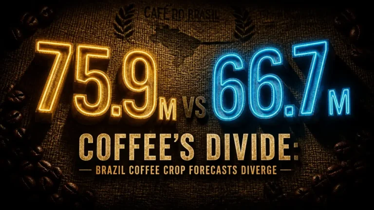 Glowing 3D typography of coffee crop forecasts 75.9 million and 66.7 million bags on dark textured surface, dramatic lighting.