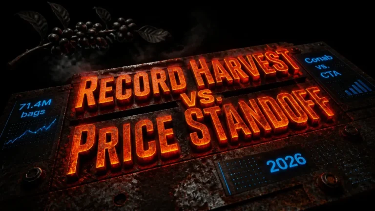 Glowing neon 3D headline 'Record Harvest vs. Price Standoff' on dark rusted metal surface, illustrating Brazil coffee harvest and price tension.