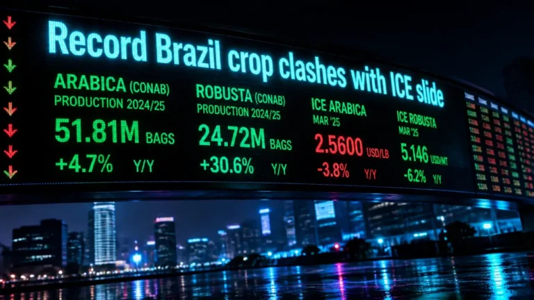 Glowing digital ticker display with red price drop and green production numbers against dark urban night backdrop, illustrating Brazil coffee crop 2026 forecast clash