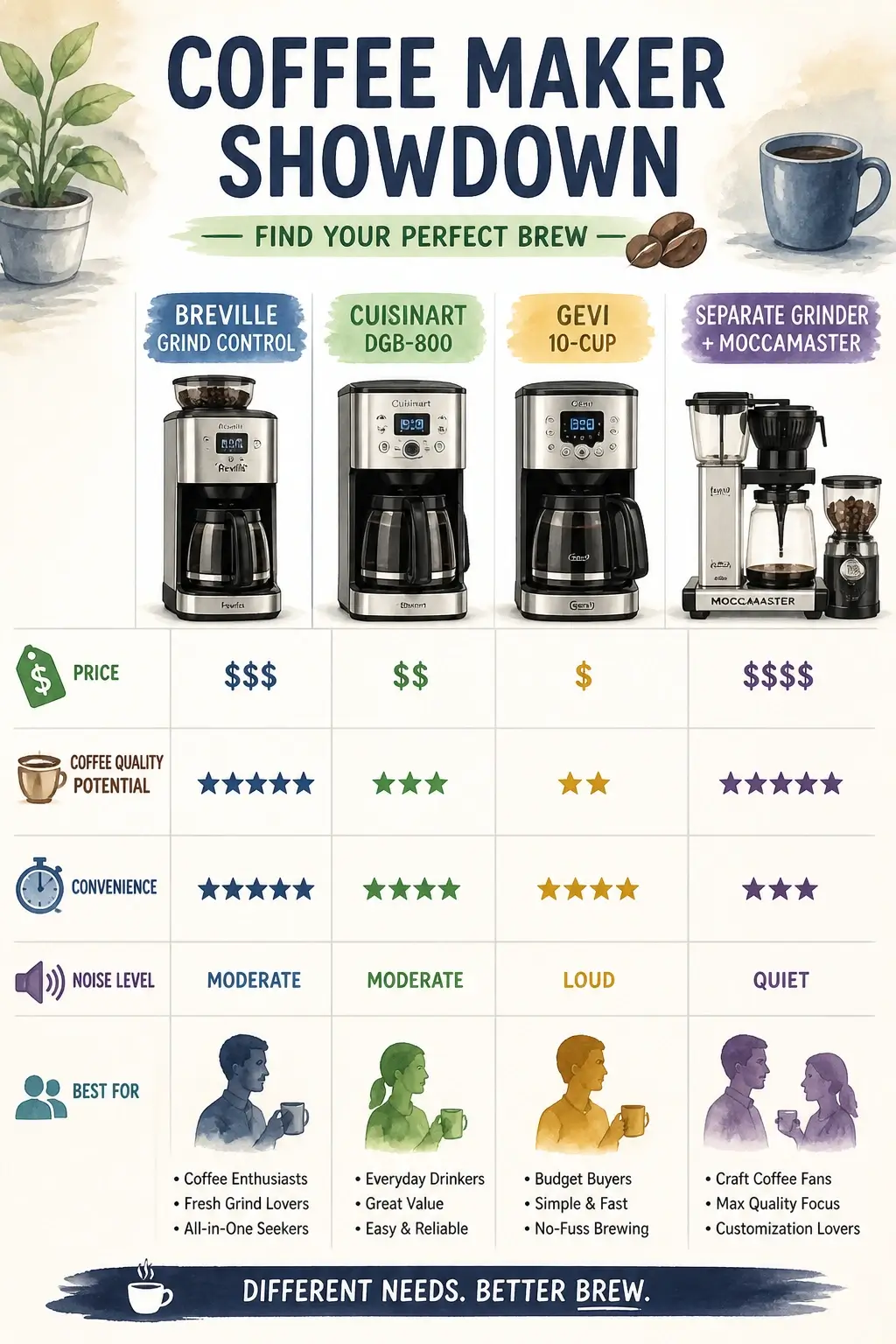 Infographic comparing Breville Grind Control against Cuisinart, Gevi, and Moccamaster setups based on price, quality, and convenience.