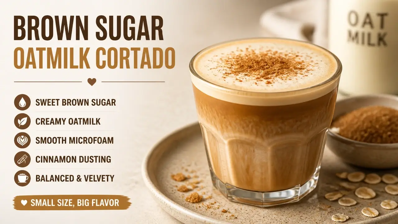 Finished brown sugar oatmilk cortado with cinnamon dust in a glass