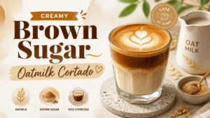 Creamy Brown Sugar Oatmilk Cortado: The Complete Recipe and Technique Guide 6 A hyper-realistic 3D rendering of a creamy brown sugar oatmilk cortado with watercolor textures.
