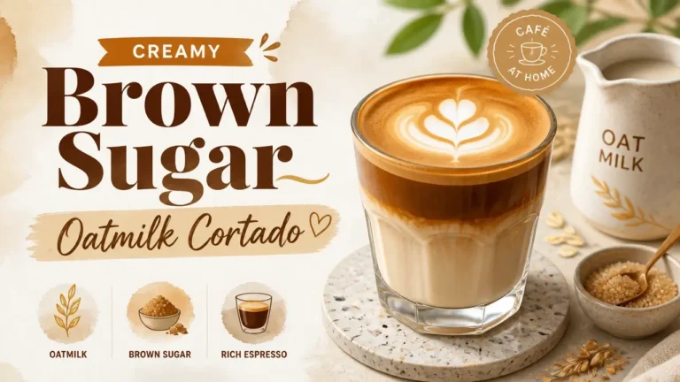 A hyper-realistic 3D rendering of a creamy brown sugar oatmilk cortado with watercolor textures.