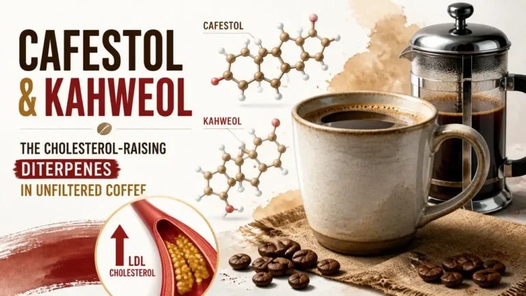 A stylized 3D infographic illustration showing coffee molecules and cholesterol impact