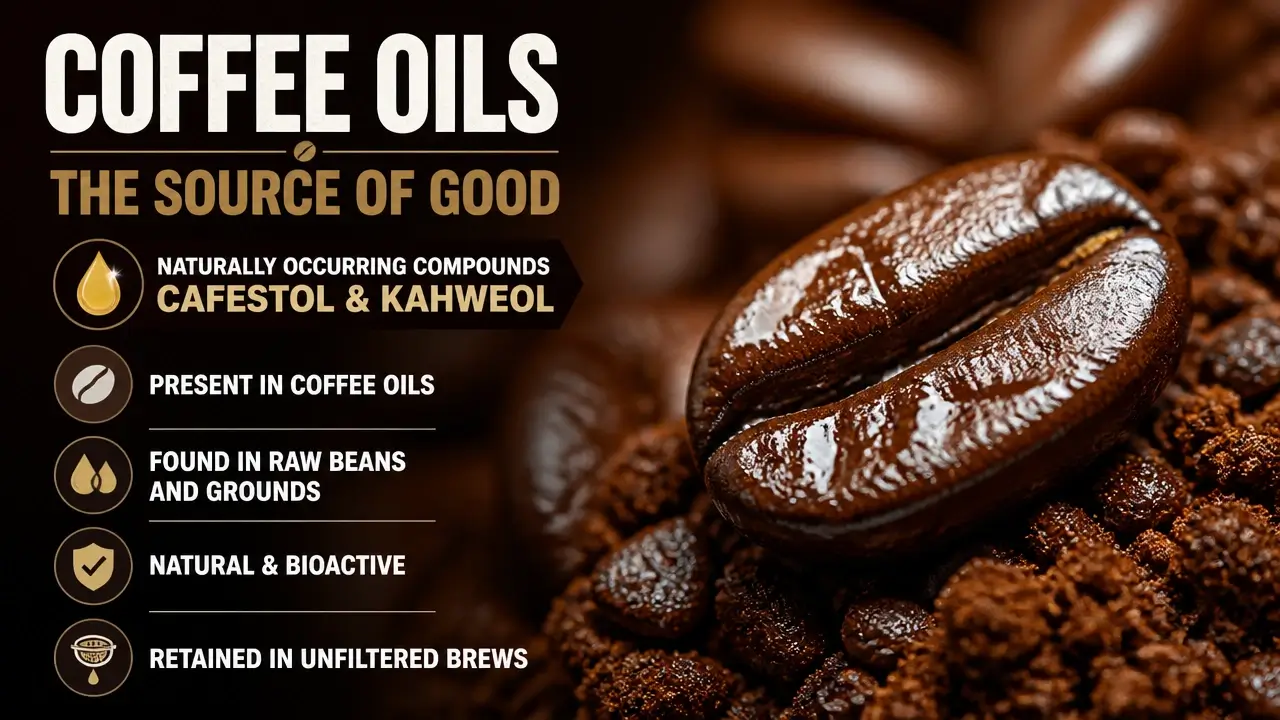 Macro shot of oily raw coffee beans showing natural compounds