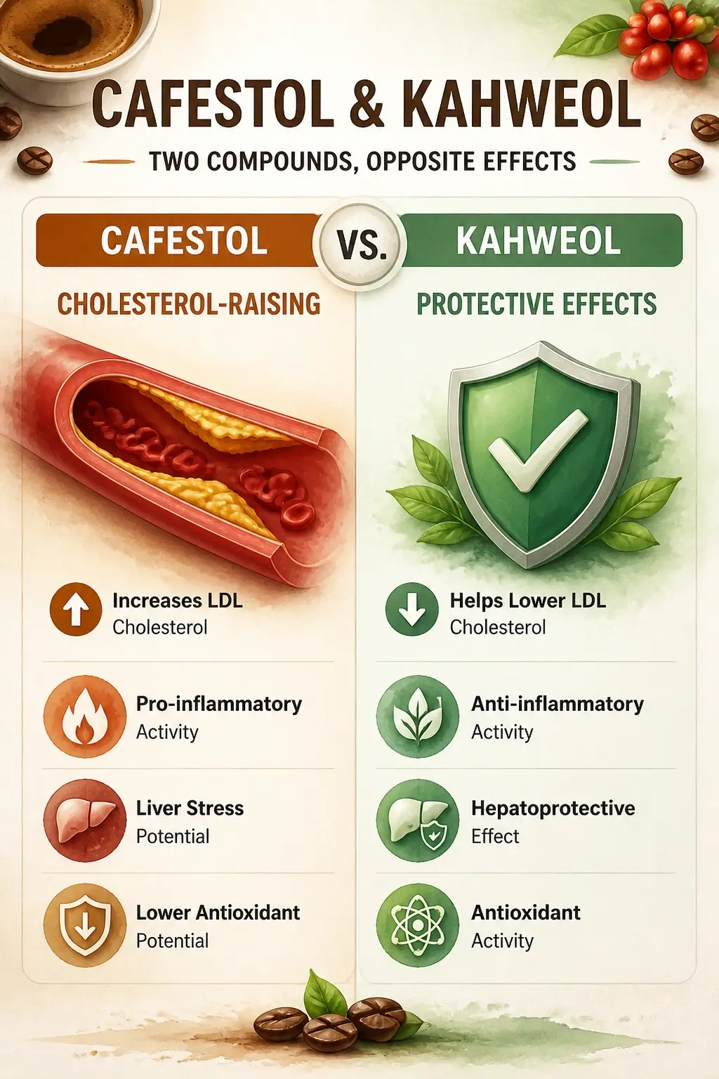 Infographic showing anti-inflammatory and antioxidant benefits of cafestol and kahweol