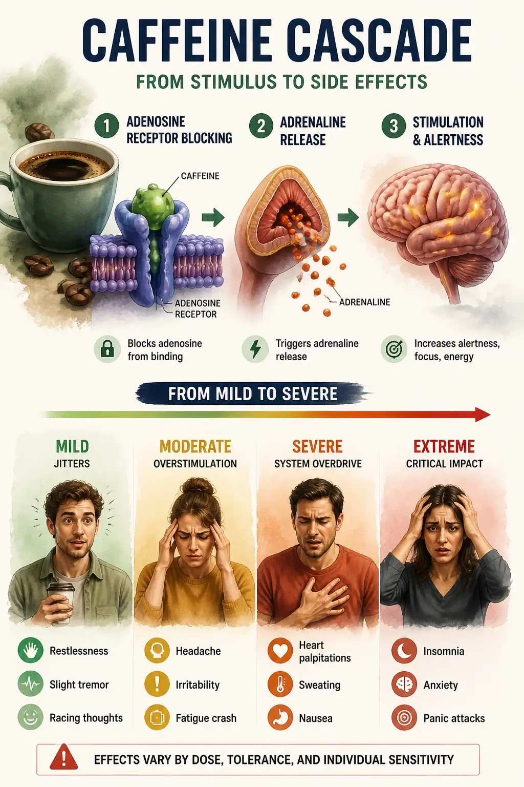 An infographic showing the biological process of caffeine blocking adenosine receptors and causing jitters, insomnia, and palpitations.