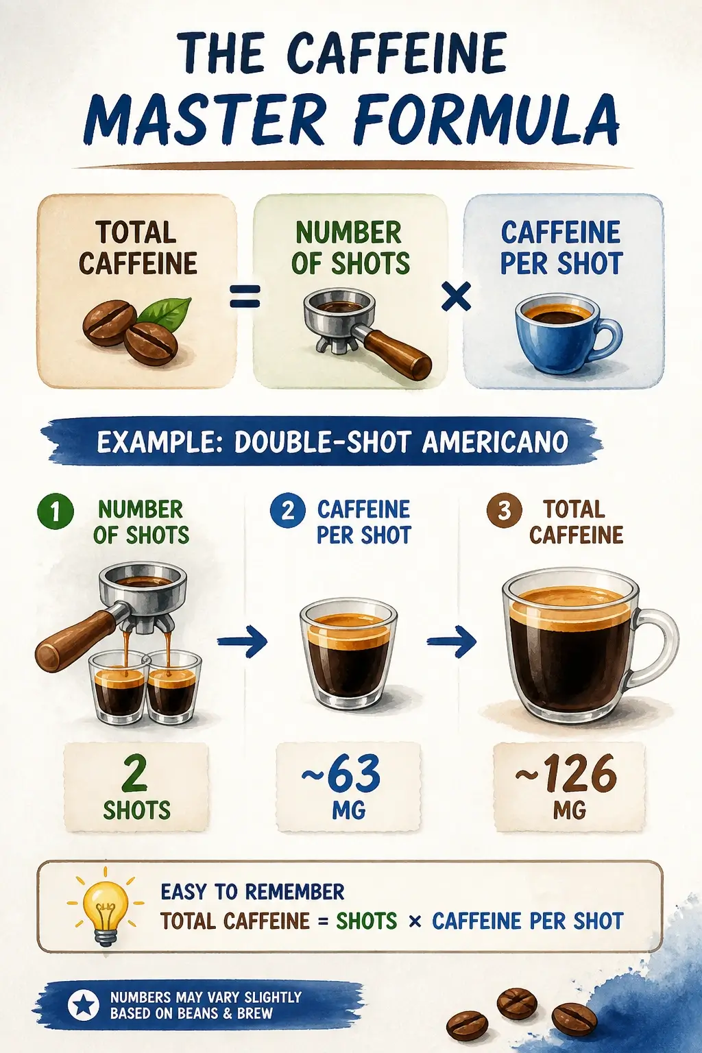An infographic showing the formula for calculating total caffeine using a double shot Americano example.