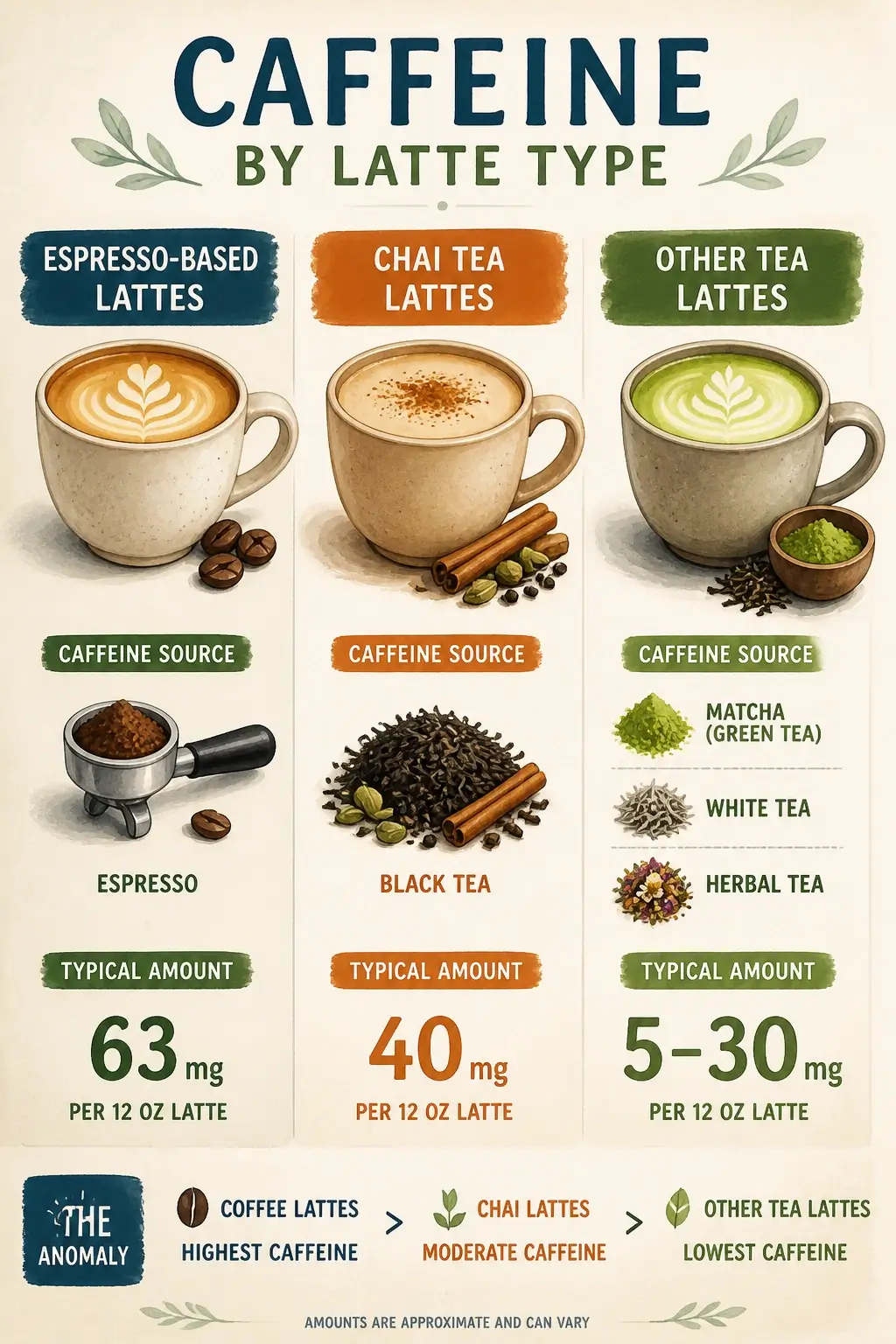 An infographic comparing caffeine levels in espresso lattes versus chai tea lattes with clear labels