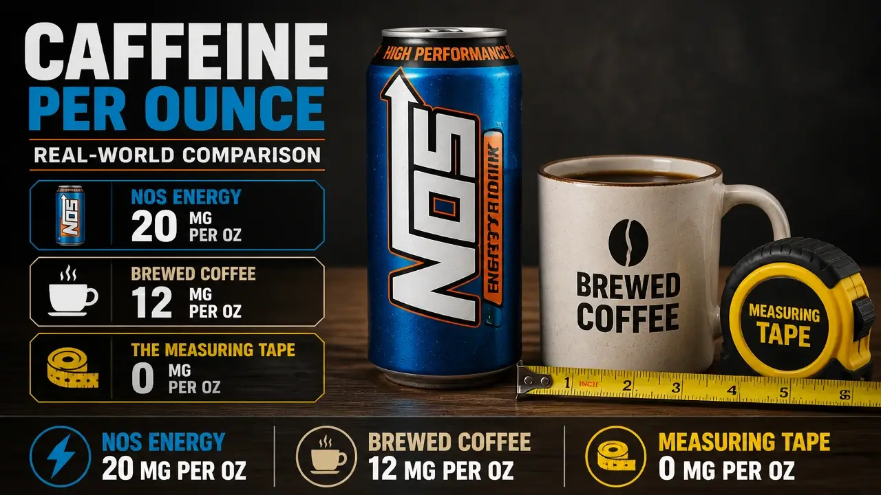 How Much Caffeine Is in NOS Energy Drink? The 16oz and 24oz Numbers Every Gamer Should Know 4 NOS energy drink can next to coffee and measuring tape for caffeine comparison
