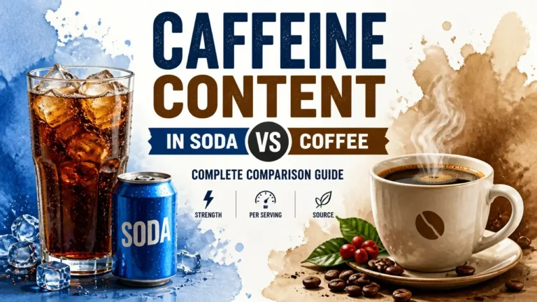 A stylized 3D render comparing a coffee cup and a soda can to illustrate caffeine content differences.