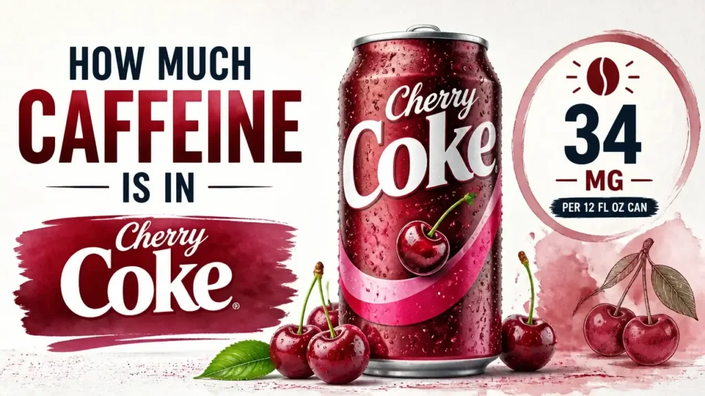 How Much Caffeine Is in Cherry Coke - Every Size, Every Variant, Explained 3 A hyper-realistic 3D rendering of a Cherry Coke can with watercolor accents displaying caffeine content information.