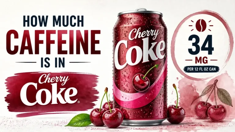 How Much Caffeine Is in Cherry Coke - Every Size, Every Variant, Explained 3 A hyper-realistic 3D rendering of a Cherry Coke can with watercolor accents displaying caffeine content information.
