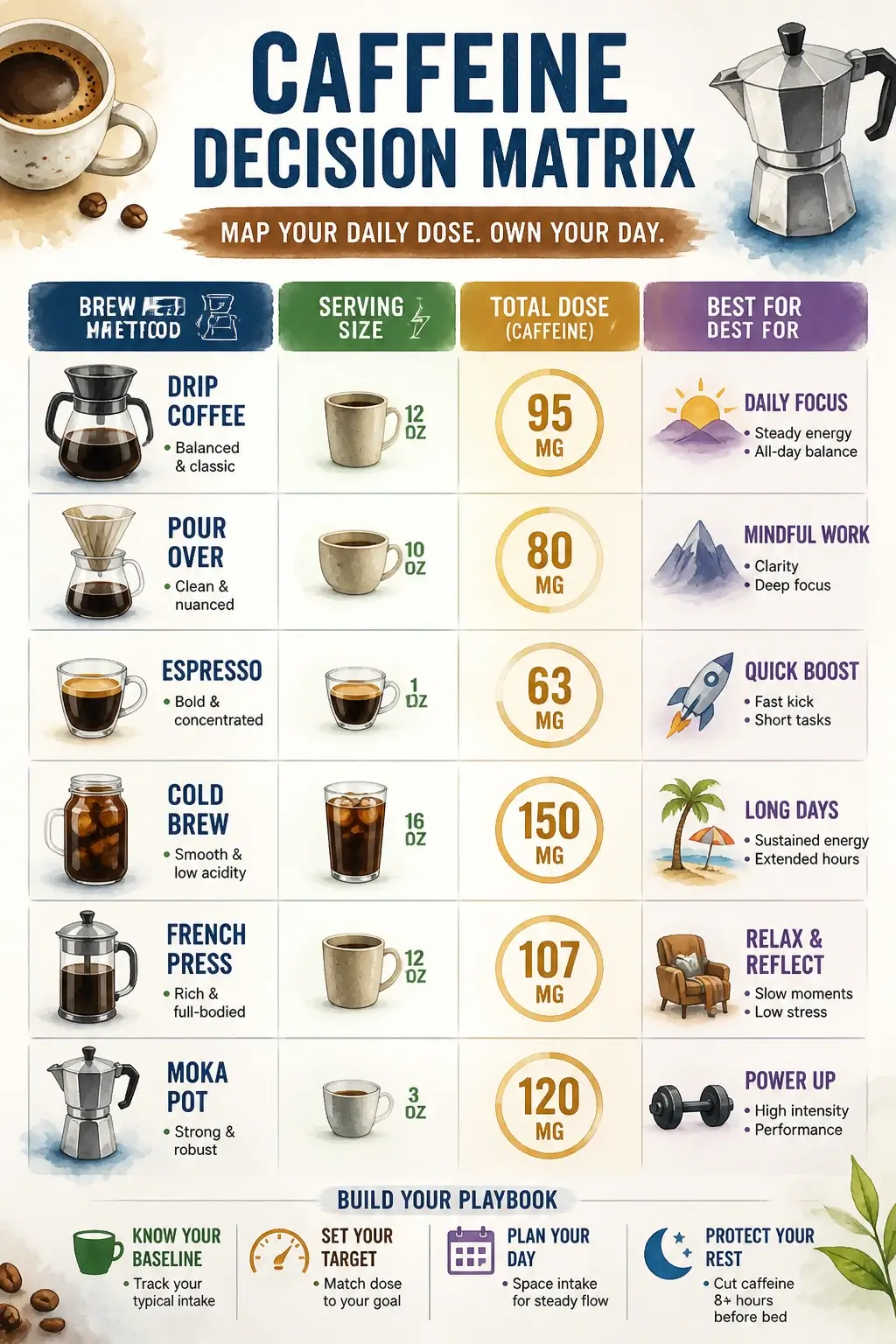 3D watercolor infographic comparing coffee brew methods and caffeine dosage for daily intake management