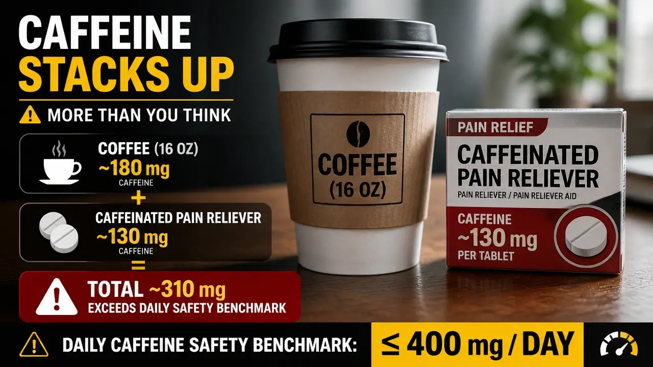 Coffee cup next to caffeinated pain reliever package showing potential caffeine overdose risk