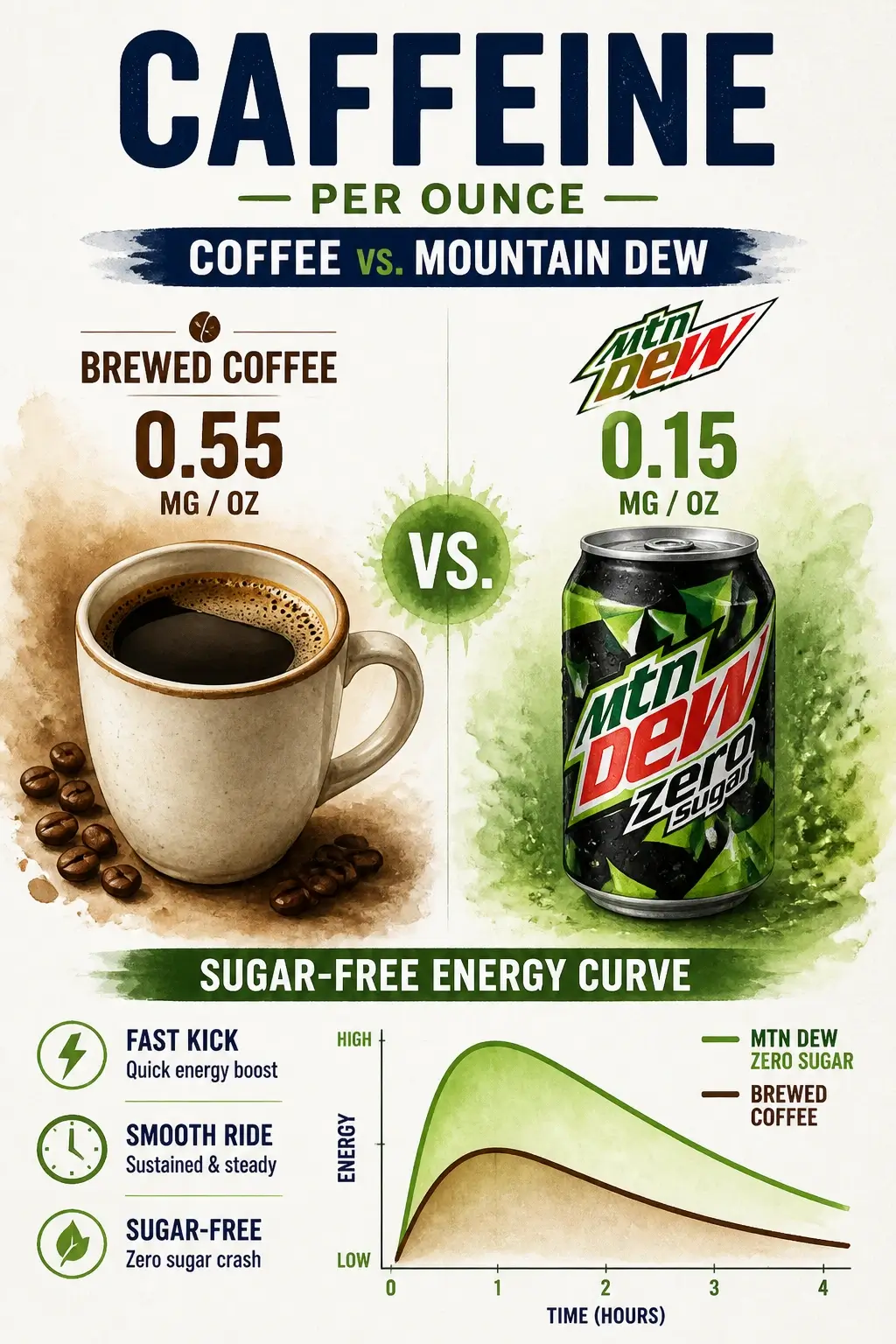 Mountain Dew Caffeine Content: How Much Vs Other Drinks 6 Comparison infographic showing caffeine per ounce in brewed coffee versus Mountain Dew with sugar-free energy curve.