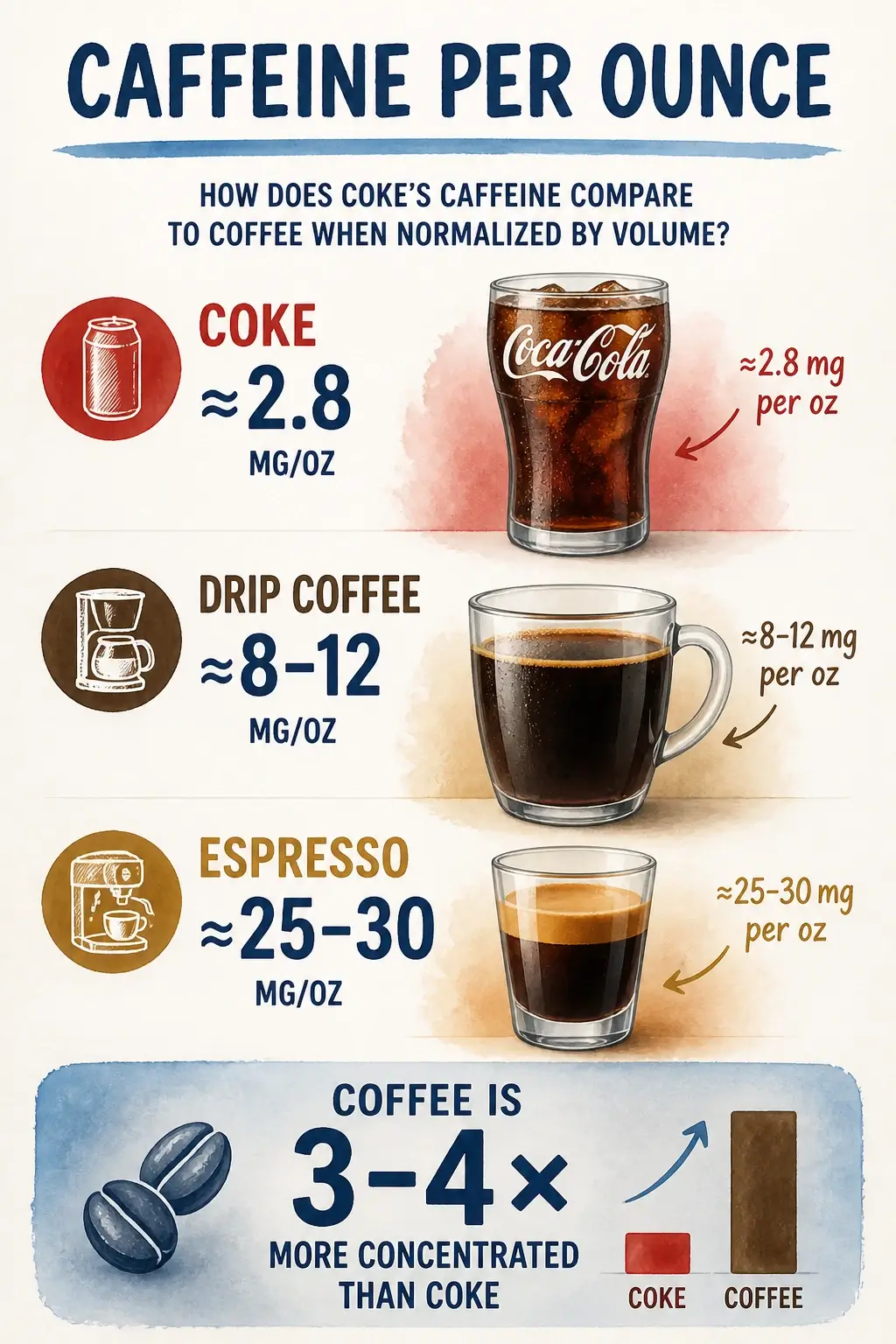 How Much Caffeine Is in Coca-Cola: Every Variant's Exact Amount Compared 6 An infographic comparing caffeine content per ounce between Coca-Cola, drip coffee, and espresso.