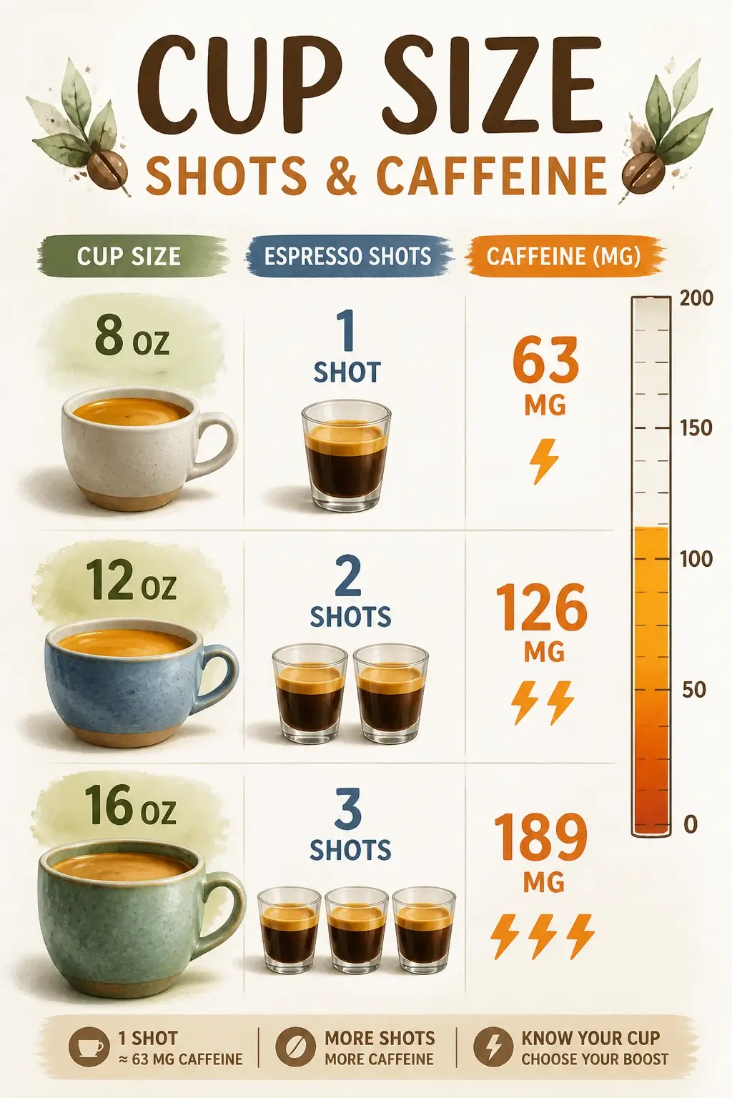 How Much Caffeine Is in a Cappuccino? 6 Infographic showing cappuccino caffeine levels for 8oz 12oz and 16oz cup sizes with corresponding espresso shots.