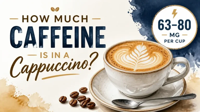 How Much Caffeine Is in a Cappuccino? 4 A stylized hyper-realistic 3D cappuccino cup with a watercolor texture infographic explaining the cappuccino caffeine content.