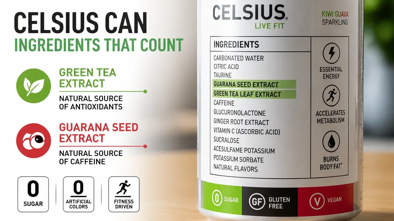 Close up of Celsius energy drink can showing green tea and guarana extract label