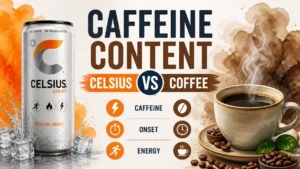 A stylized 3D render comparing Celsius energy drink and hot coffee showing caffeine levels.