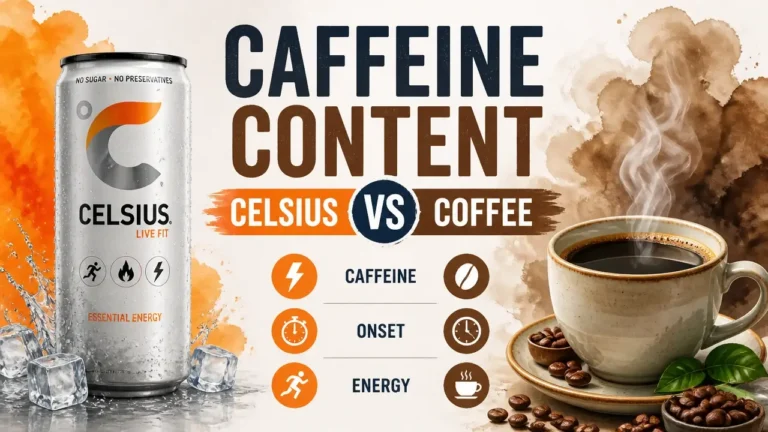 A stylized 3D render comparing Celsius energy drink and hot coffee showing caffeine levels.