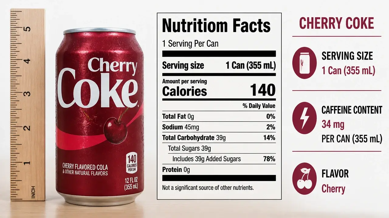 How Much Caffeine Is in Cherry Coke - Every Size, Every Variant, Explained 4 Cherry Coke can beside a ruler and nutritional label showing caffeine content.