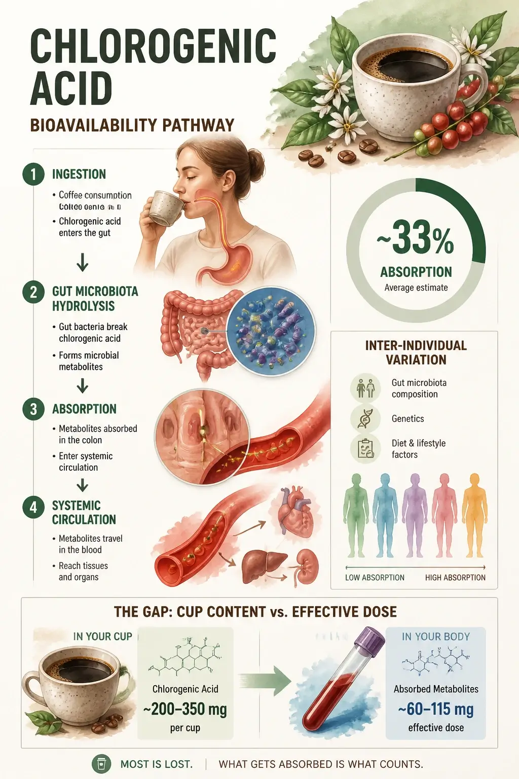 Chlorogenic Acid in Coffee: What the Science Actually Says About Its Antioxidant and Metabolic Power 6 Infographic showing chlorogenic acid absorption pathway from ingestion to systemic circulation with a 33 percent absorption rate