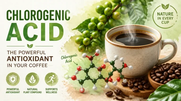 Hyper‑realistic 3D magazine‑style cover with a steaming coffee cup glowing with antioxidant particles, highlighting chlorogenic acid coffee benefits