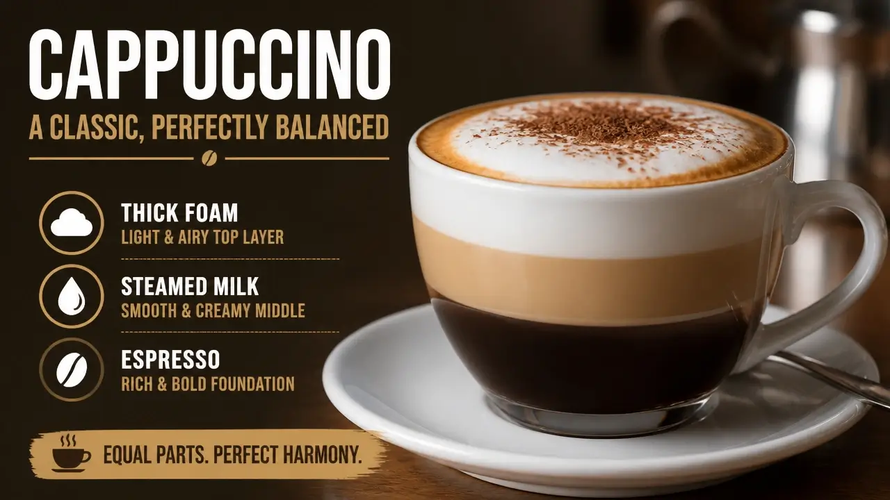 How Much Caffeine Is in a Cappuccino? 5 A fresh cappuccino showing dark espresso and thick milk foam layers in a white cup.