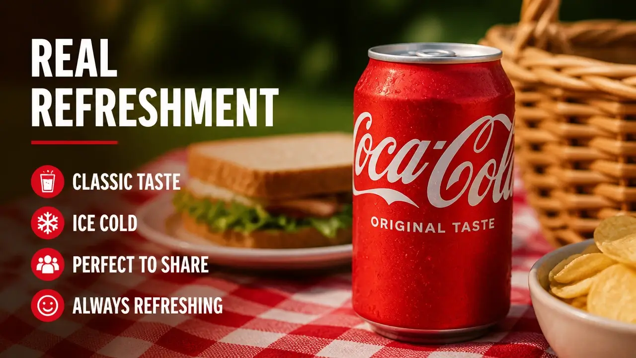 A chilled Coca Cola can sitting on a wooden picnic table