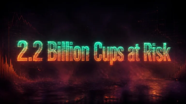 Holographic headline '2.2 Billion Cups at Risk' floating in dark misty atmosphere with orange and purple hues, representing climate change impact on coffee production.