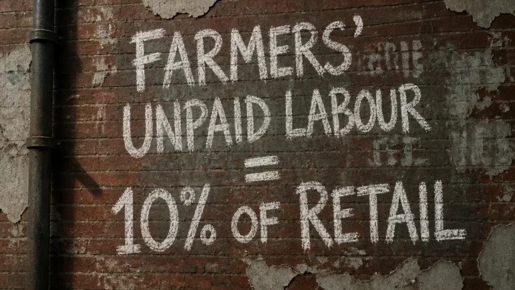 Chalk text on weathered brick wall reading 'Farmers' Unpaid Labour = 10% of Retail' for Coffee Barometer 2026 article