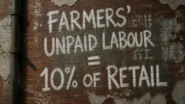 Chalk text on weathered brick wall reading 'Farmers' Unpaid Labour = 10% of Retail' for Coffee Barometer 2026 article