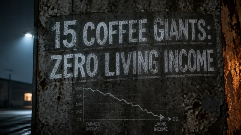 Chalk text '15 Coffee Giants: Zero Living Income' on weathered industrial wall at twilight, illustrating the Coffee Barometer 2026 report on living income gap