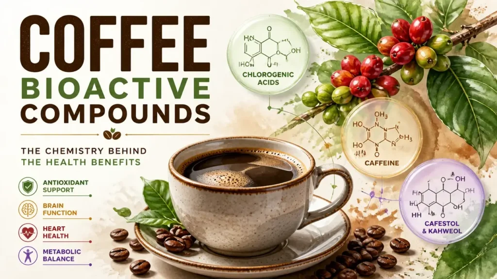 Coffee Bioactive Compound Groups: The Real Chemistry Behind Every Health Benefit in Your Cup 1 Hyper-realistic 3D rendering of coffee molecules and beans representing coffee bioactive compounds and health benefits.