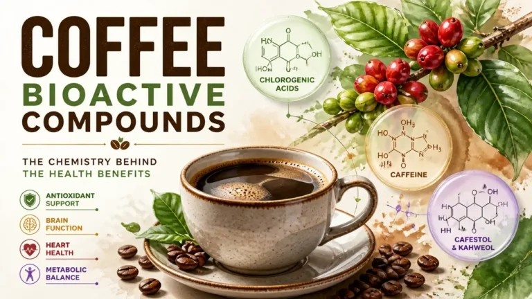Hyper-realistic 3D rendering of coffee molecules and beans representing coffee bioactive compounds and health benefits.