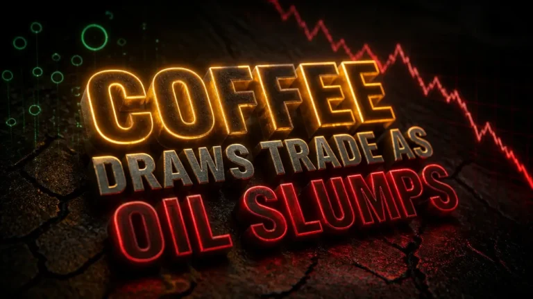 Glowing 3D typography headline 'Coffee draws trade as oil slumps' on dark textured surface with amber neon and red neon graph lines, symbolizing commodity market volatility.