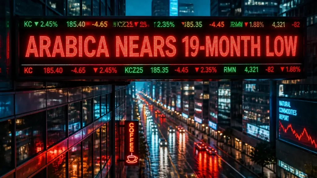 Red down arrows on LED ticker display showing coffee futures prices drop during bearish market conditions in a rainy city at night