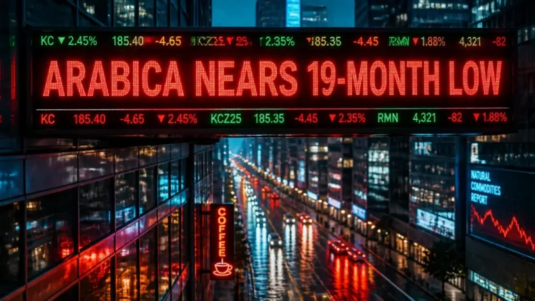 Red down arrows on LED ticker display showing coffee futures prices drop during bearish market conditions in a rainy city at night