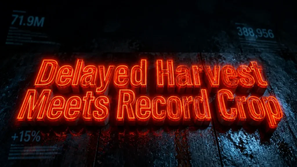 Brazil coffee harvest delays clash with record crop forecasts 6 Glowing neon 3D typography 'Delayed Harvest Meets Record Crop' on dark weathered surface with dramatic shadows and floating data numerals, illustrating coffee market tension from Brazilian harvest delays.