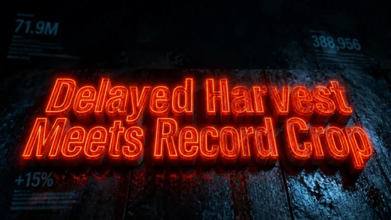 Glowing neon 3D typography 'Delayed Harvest Meets Record Crop' on dark weathered surface with dramatic shadows and floating data numerals, illustrating coffee market tension from Brazilian harvest delays.