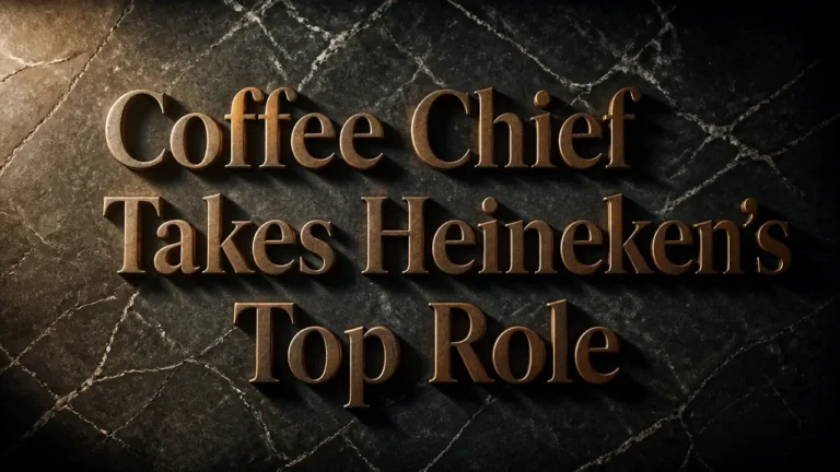 Bronze embossed typography reading 'Coffee Chief Takes Heineken's Top Role' on dark marble surface, representing leadership shift from coffee to brewing industry.