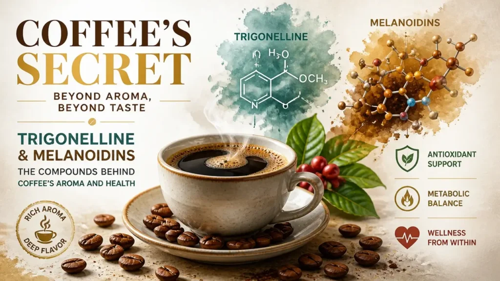 3D render illustration showing coffee beans and chemical compound structures representing coffee melanoidins and health benefits.